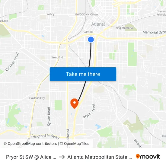Pryor St SW @ Alice St SW to Atlanta Metropolitan State College map