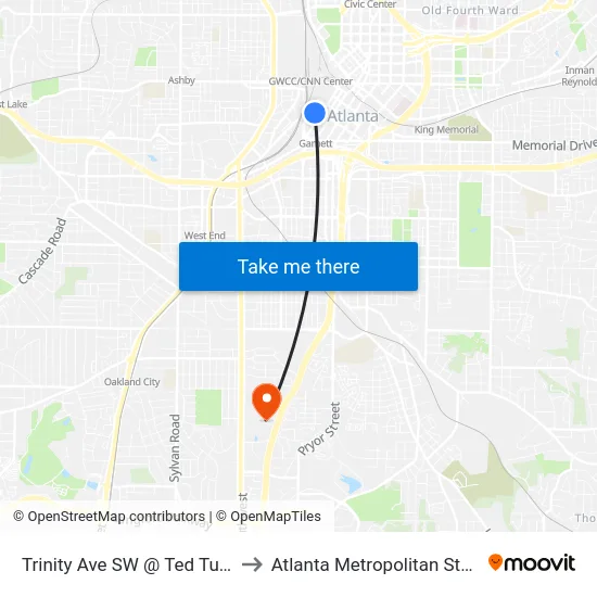 Trinity Ave SW @ Ted Turner Dr SW to Atlanta Metropolitan State College map