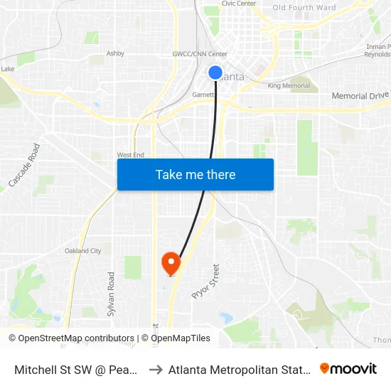 Mitchell St SW @ Peachtree St to Atlanta Metropolitan State College map