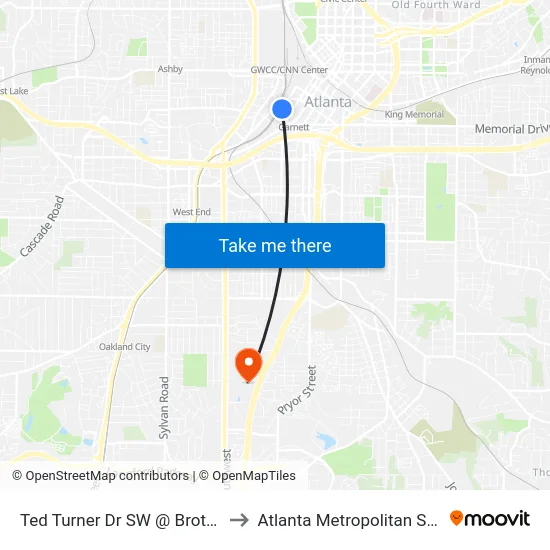 Ted Turner Dr SW @ Brotherton St SW to Atlanta Metropolitan State College map