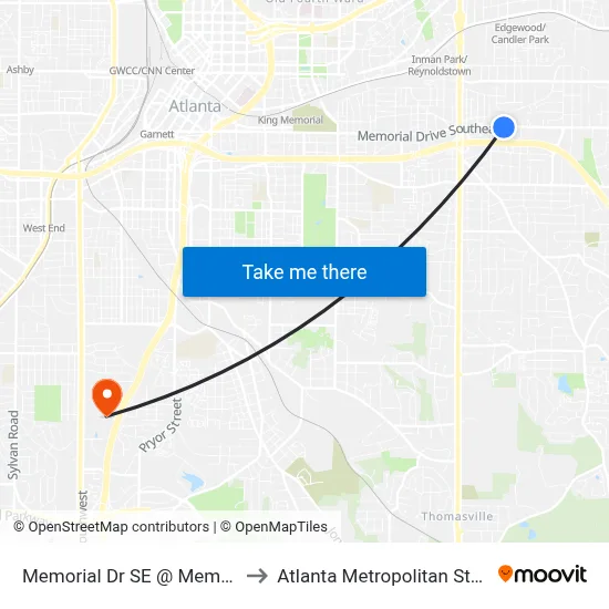 Memorial Dr SE @ Memorial Ter SE to Atlanta Metropolitan State College map