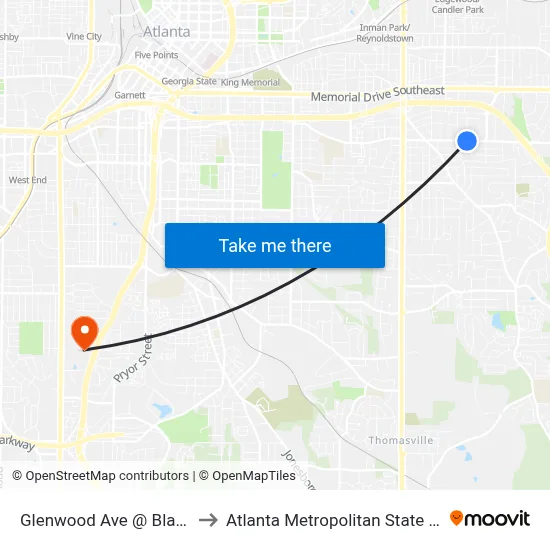 Glenwood Ave @ Blake Ave to Atlanta Metropolitan State College map