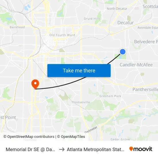 Memorial Dr SE @ Daniel Ave to Atlanta Metropolitan State College map
