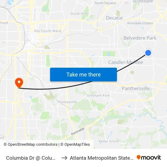 Columbia Dr @ Columbia Cir to Atlanta Metropolitan State College map