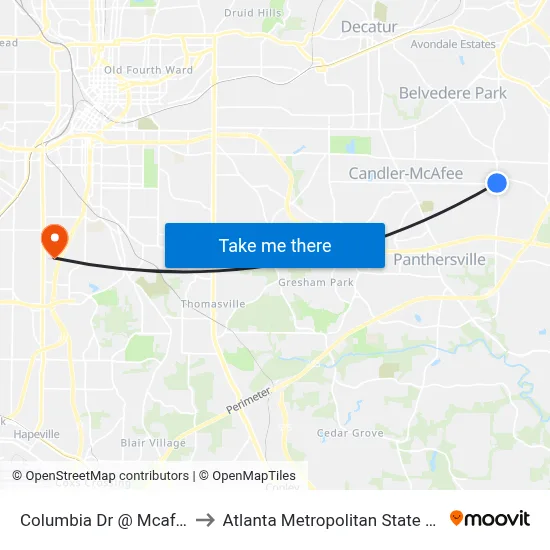 Columbia Dr @ Mcafee Rd to Atlanta Metropolitan State College map