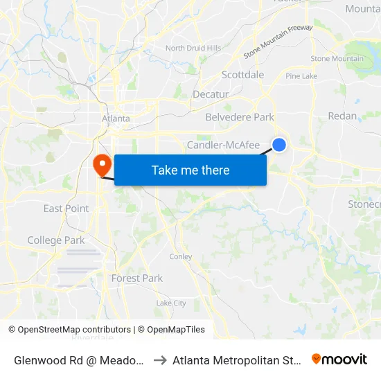 Glenwood Rd @ Meadowglades Dr to Atlanta Metropolitan State College map