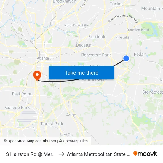 S Hairston Rd @ Mercer Rd to Atlanta Metropolitan State College map