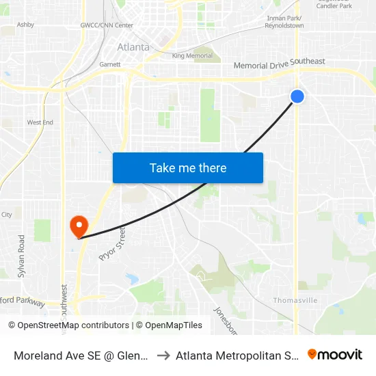 Moreland Ave SE @ Glenwood Ave SE to Atlanta Metropolitan State College map