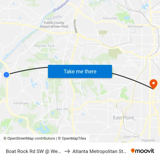 Boat Rock Rd SW @ Westchase Ln to Atlanta Metropolitan State College map