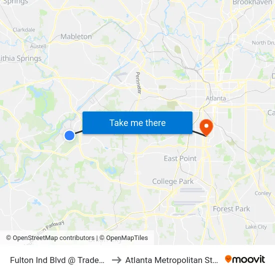 Fulton Ind Blvd @ Tradewater Pkwy to Atlanta Metropolitan State College map