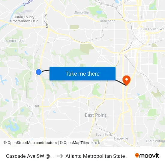 Cascade Ave SW @ 3515 to Atlanta Metropolitan State College map