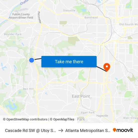 Cascade Rd SW @ Utoy Springs Rd SW to Atlanta Metropolitan State College map