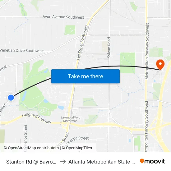 Stanton Rd @ Bayrose Cir to Atlanta Metropolitan State College map