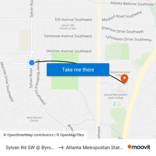 Sylvan Rd SW @ Byron Dr SW to Atlanta Metropolitan State College map