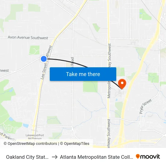 Oakland City Station to Atlanta Metropolitan State College map