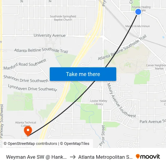 Weyman Ave SW @ Hank Aaron Dr SW to Atlanta Metropolitan State College map