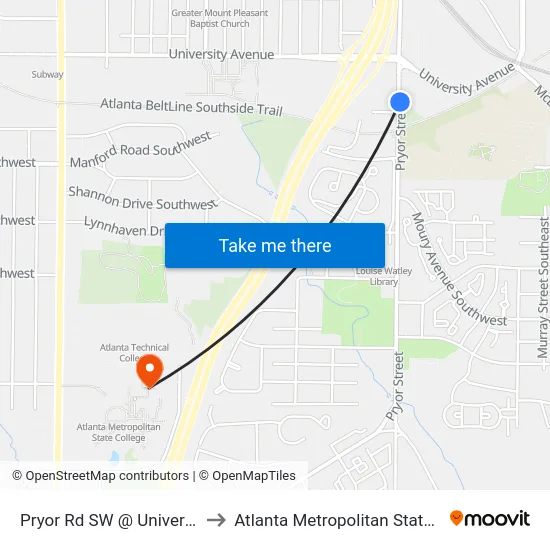 Pryor Rd SW @ University Ave to Atlanta Metropolitan State College map
