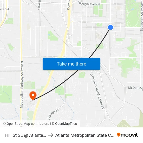 Hill St SE @ Atlanta Ave to Atlanta Metropolitan State College map
