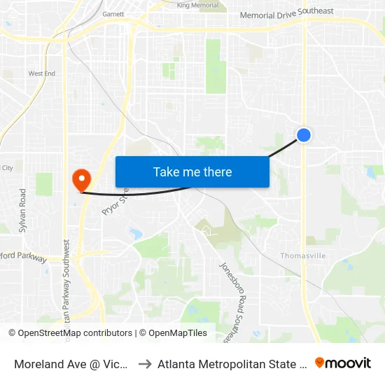 Moreland Ave @ Vickers St to Atlanta Metropolitan State College map