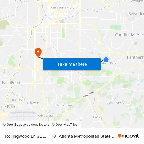 Rollingwood Ln SE @ 2740 to Atlanta Metropolitan State College map