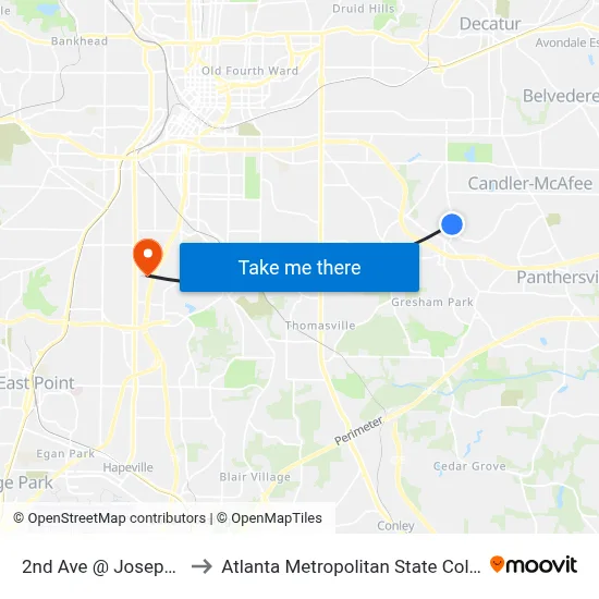 2nd Ave @ Joseph Ct to Atlanta Metropolitan State College map