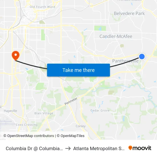 Columbia Dr @ Columbia Crossing Dr to Atlanta Metropolitan State College map