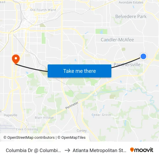 Columbia Dr @ Columbia Woods Dr to Atlanta Metropolitan State College map