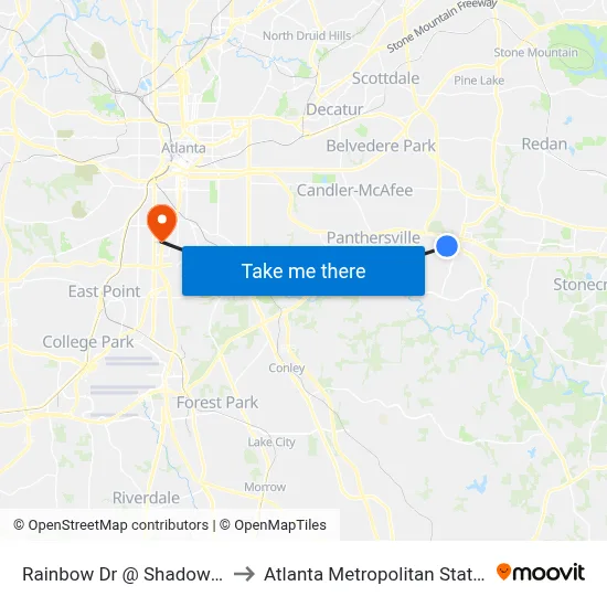 Rainbow Dr @ Shadowbrook Dr to Atlanta Metropolitan State College map