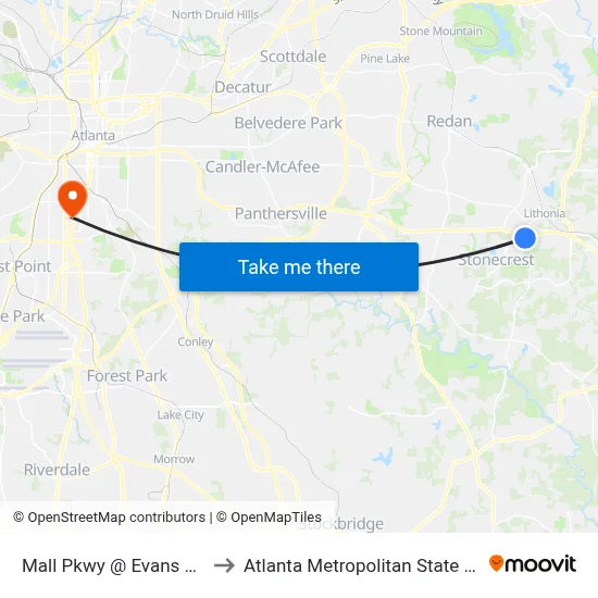 Mall Pkwy @ Evans Mill Rd to Atlanta Metropolitan State College map