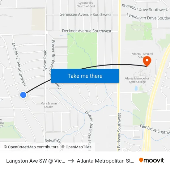 Langston Ave SW @ Victory Dr SW to Atlanta Metropolitan State College map