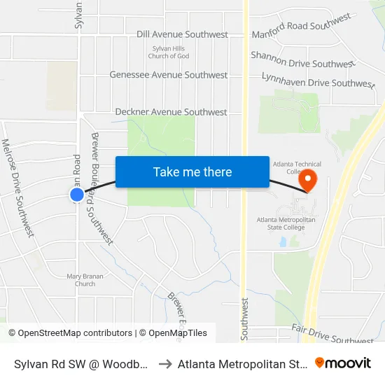 Sylvan Rd SW @ Woodbourne Dr SW to Atlanta Metropolitan State College map