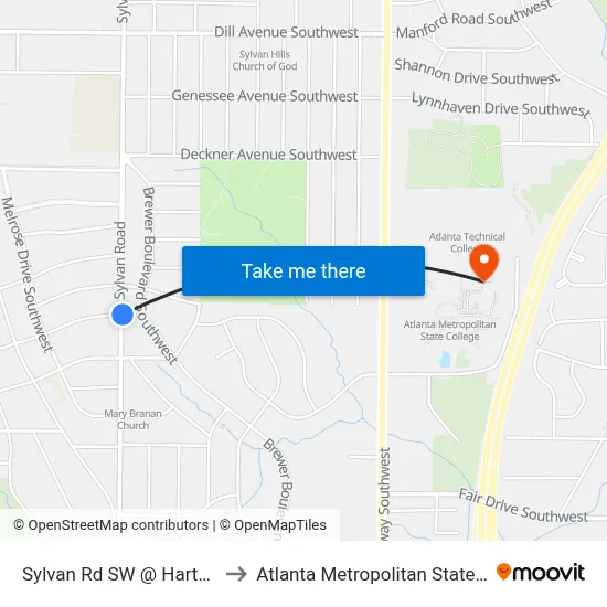 Sylvan Rd SW @ Harte Dr SW to Atlanta Metropolitan State College map