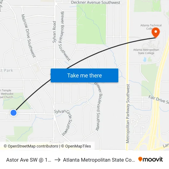 Astor Ave SW @ 1069 to Atlanta Metropolitan State College map