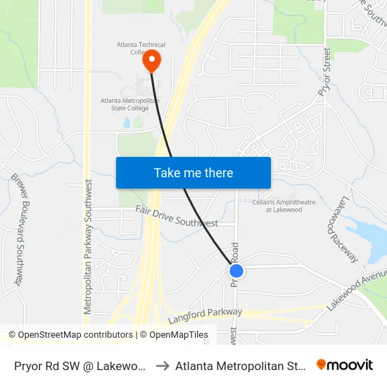 Pryor Rd SW @ Lakewood Way SW to Atlanta Metropolitan State College map