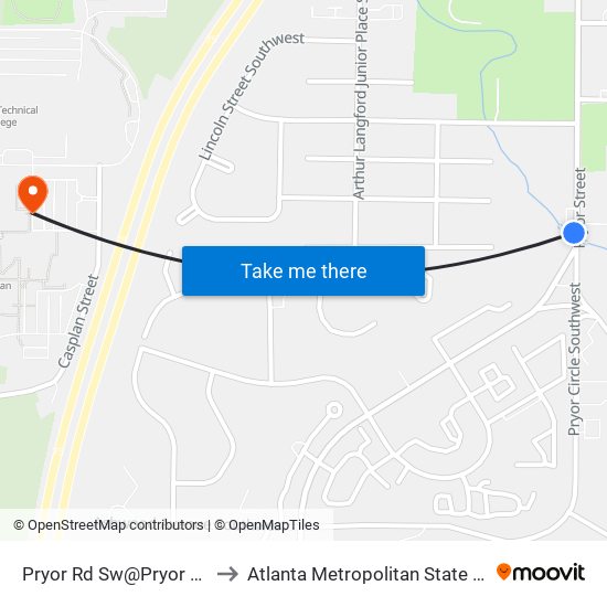 Pryor Rd Sw@Pryor Cir SW to Atlanta Metropolitan State College map