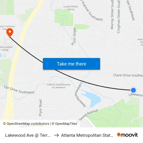 Lakewood Ave @ Terrace Way to Atlanta Metropolitan State College map