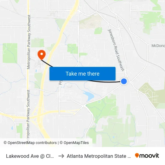 Lakewood Ave @ Claire Dr to Atlanta Metropolitan State College map