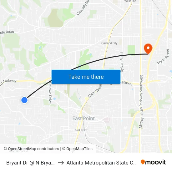 Bryant Dr @ N Bryan Cir to Atlanta Metropolitan State College map