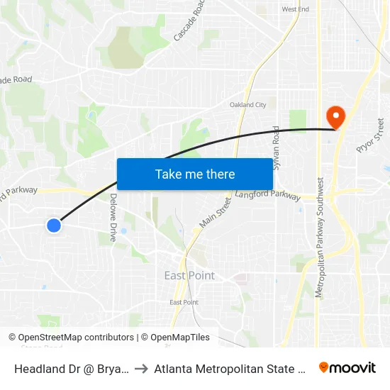 Headland Dr @ Bryant Dr to Atlanta Metropolitan State College map