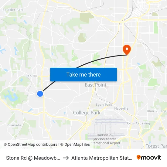 Stone Rd @ Meadowbridge Dr to Atlanta Metropolitan State College map