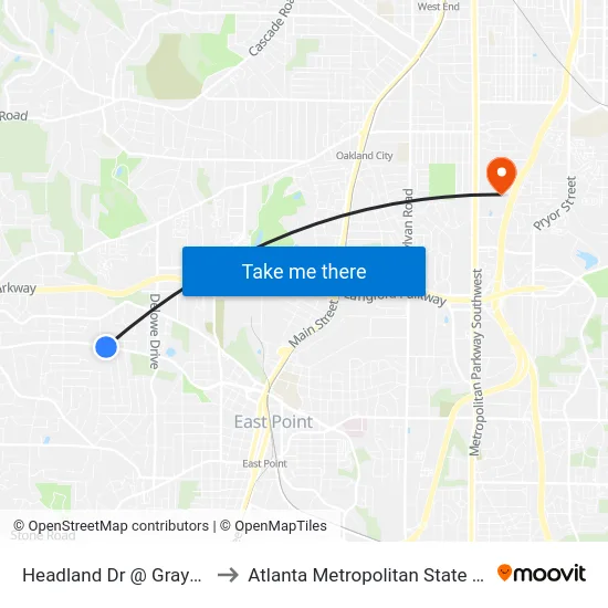 Headland Dr @ Graywall St to Atlanta Metropolitan State College map