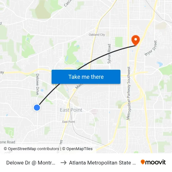 Delowe Dr @ Montrose Dr to Atlanta Metropolitan State College map