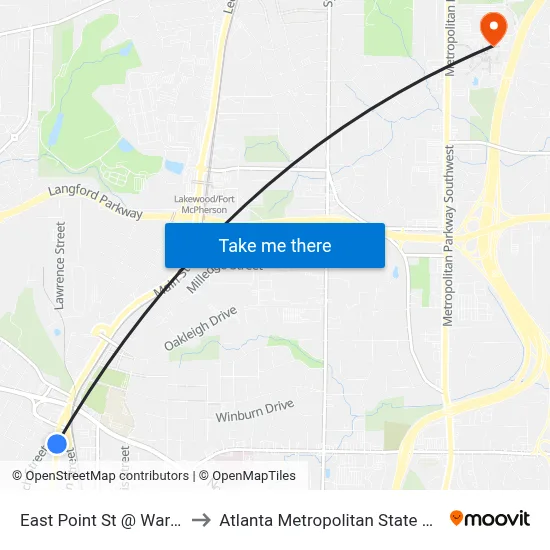 East Point St @ Ware Ave to Atlanta Metropolitan State College map