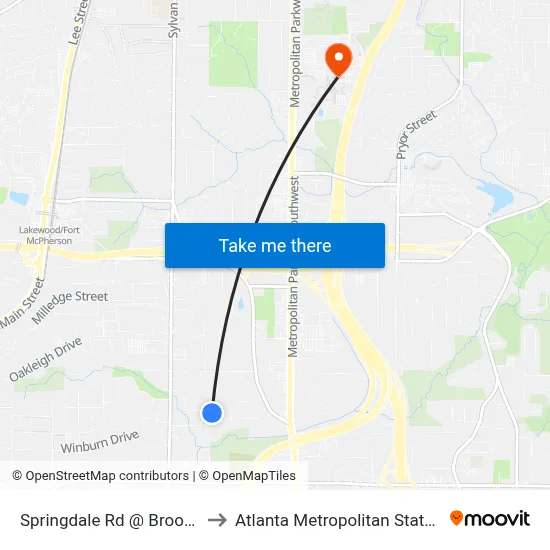 Springdale Rd @ Brookdale Dr to Atlanta Metropolitan State College map