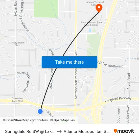 Springdale Rd SW @ Lakewood Ave to Atlanta Metropolitan State College map