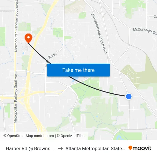 Harper Rd @ Browns Mill Rd to Atlanta Metropolitan State College map