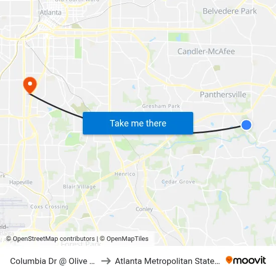 Columbia Dr @ Olive Tree Ct to Atlanta Metropolitan State College map
