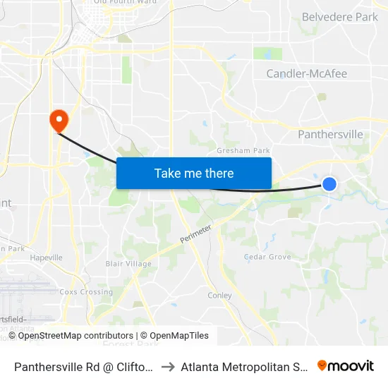 Panthersville Rd @ Clifton Springs Rd to Atlanta Metropolitan State College map