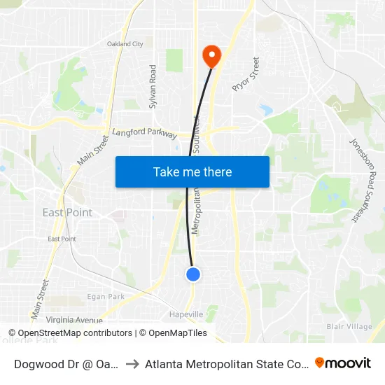 Dogwood Dr @ Oak Dr to Atlanta Metropolitan State College map