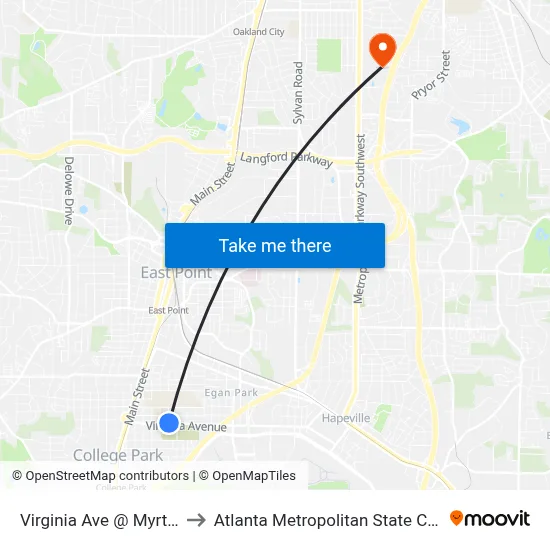 Virginia Ave @ Myrtle St to Atlanta Metropolitan State College map